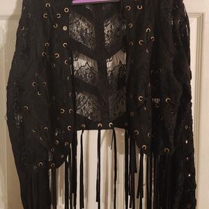 Black Lace And Suede Fringe Sweater